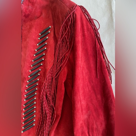 Cripple Creek Vintage 90s Red Leather Beaded Fringe Jacket Native Boho Bold XL - Picture 7 of 16